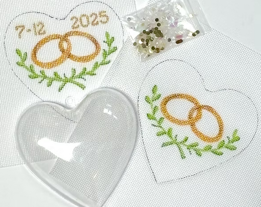 Kate Dickerson Needlepoint Collections Heart Mini with Clear Dome and Confetti Wedding Rings & Greenery Needlepoint Canvas
