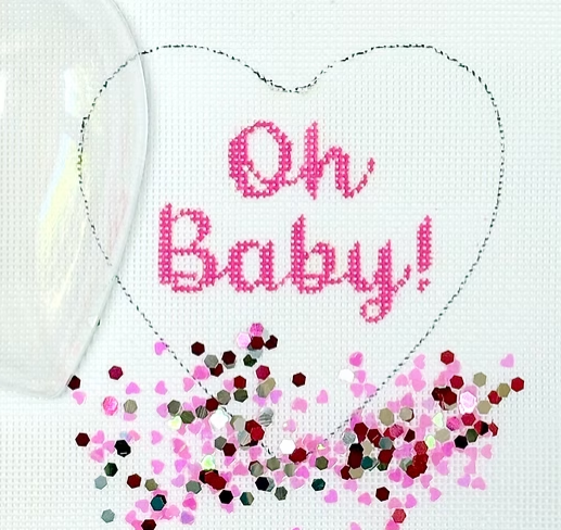 Kate Dickerson Needlepoint Collections Heart Mini with Clear Dome and Confetti Oh Baby Pink on White Needlepoint Canvas