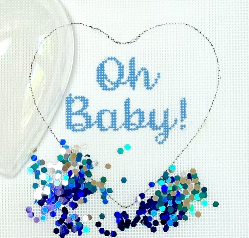 Kate Dickerson Needlepoint Collections Heart Mini with Clear Dome and Confetti Oh Baby Blue on White Needlepoint Canvas