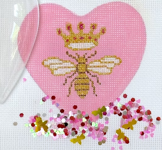 Kate Dickerson Needlepoint Collections Heart Mini with Clear Dome and Confetti Queen Bee Gold on White Needlepoint Canvas
