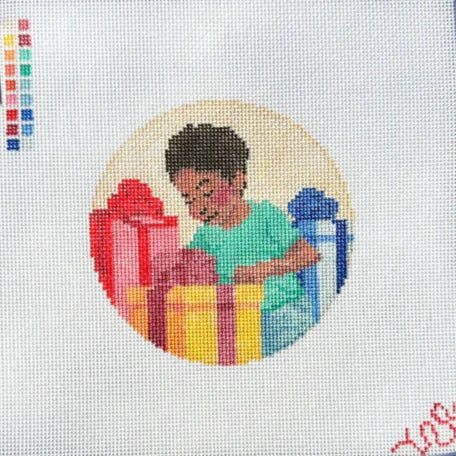 Spellbound Stitchery Kat Clayton Black Christmas Boy with Presents Needlepoint Canvas