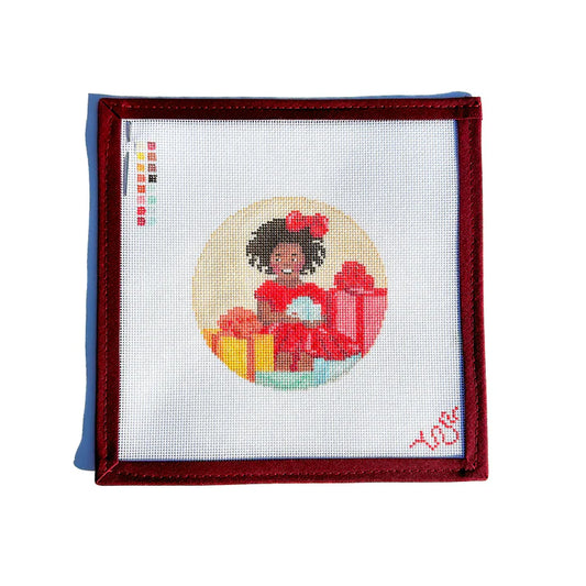 Spellbound Stitchery Kat Clayton Black Christmas Girl with Presents Needlepoint Canvas