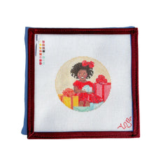Spellbound Stitchery Kat Clayton Black Christmas Girl with Presents Needlepoint Canvas