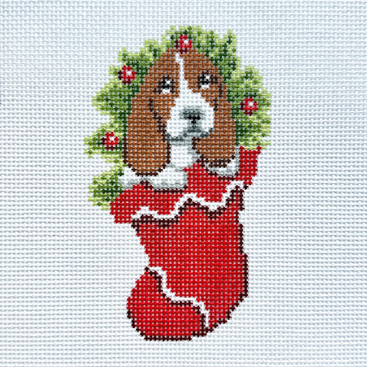 Spellbound Stitchery Basset Puppy In A Stocking Needlepoint Canvas