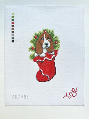 Spellbound Stitchery Basset Puppy In A Stocking Needlepoint Canvas