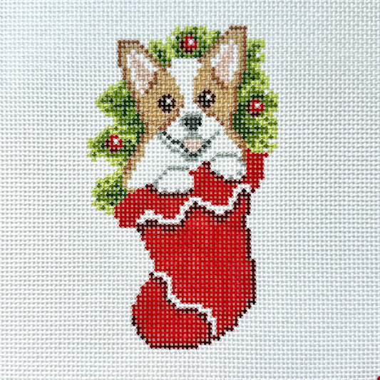 Spellbound Stitchery Corgi Puppy In A Stocking Needlepoint Canvas