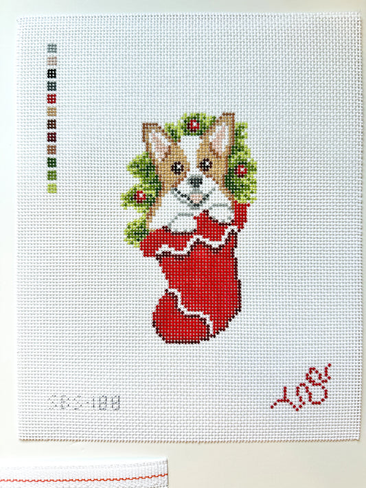 Spellbound Stitchery Corgi Puppy In A Stocking Needlepoint Canvas