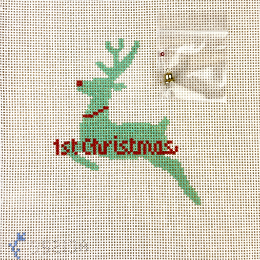 Stitch Style First Christmas Reindeer Needlepoint Canvas - Mint and Red