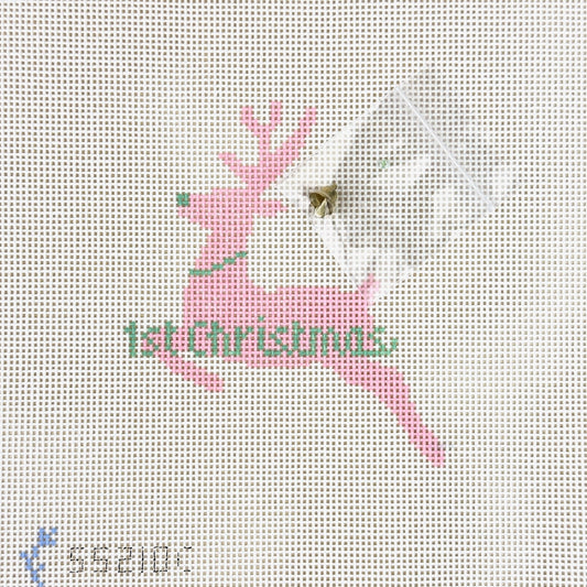 Stitch Style First Christmas Reindeer Needlepoint Canvas - Pink and Mint