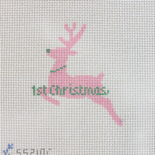 Stitch Style First Christmas Reindeer Needlepoint Canvas - Pink and Mint