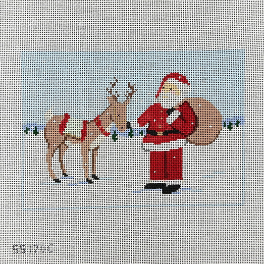 Stitch Style Reindeer Games Series: Reindeer and Santa Needlepoint Canvas