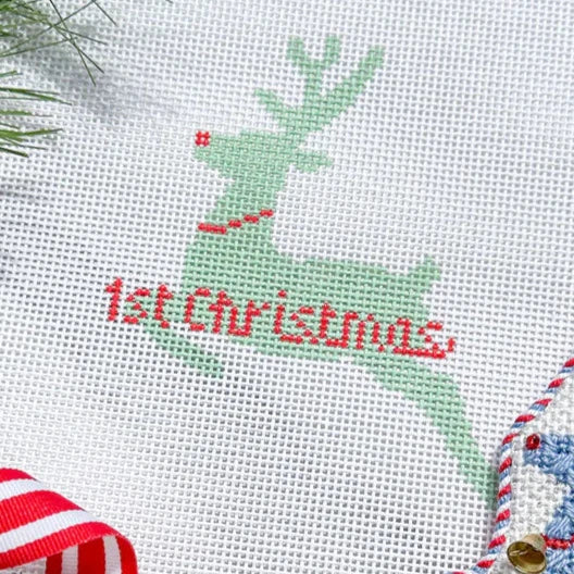 Stitch Style First Christmas Reindeer Needlepoint Canvas - Mint and Red