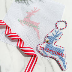 Stitch Style First Christmas Reindeer Needlepoint Canvas - Pink and Mint