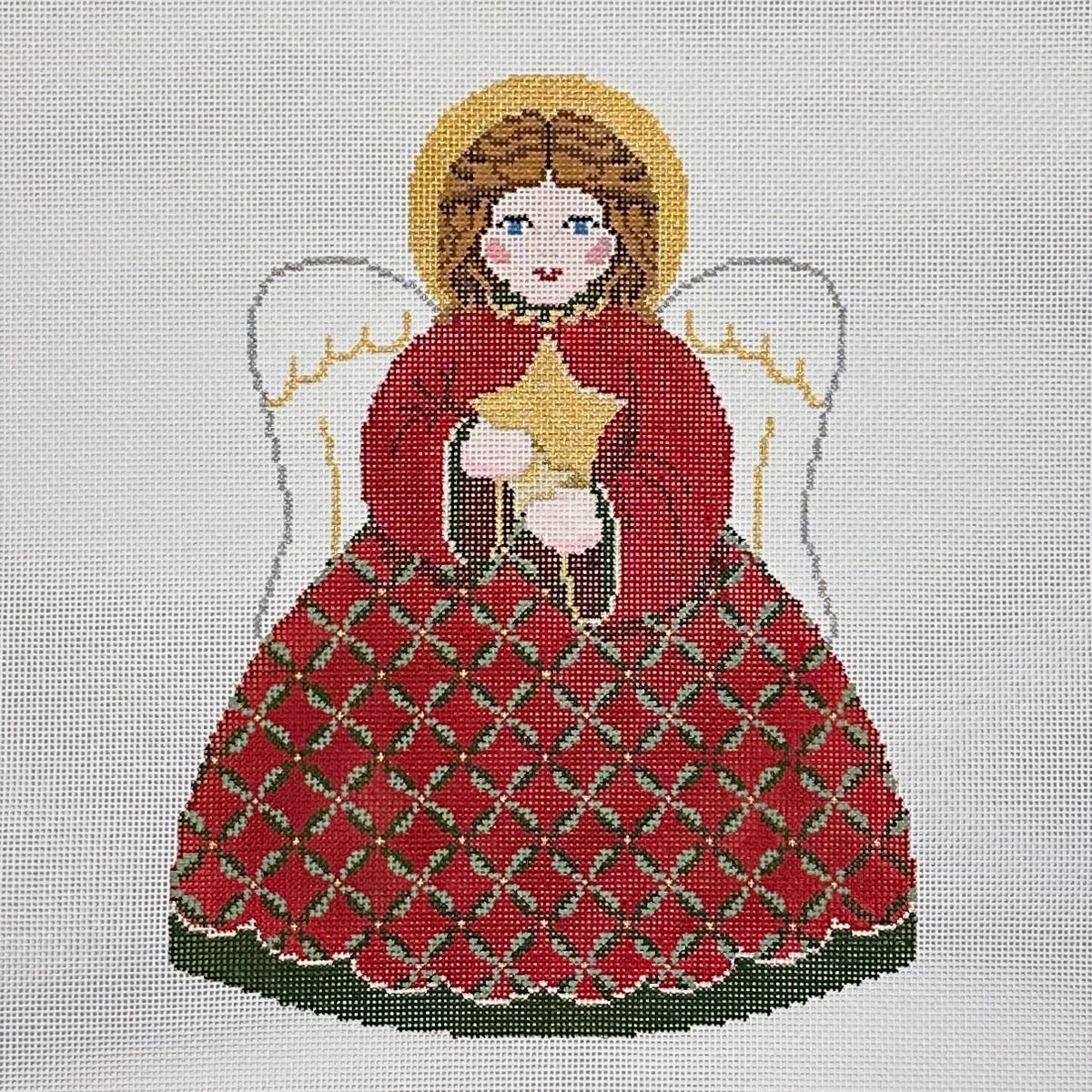 Susan Roberts Needlepoint Red and Green Star Angel Front Tree Topper Needlepoint Canvas