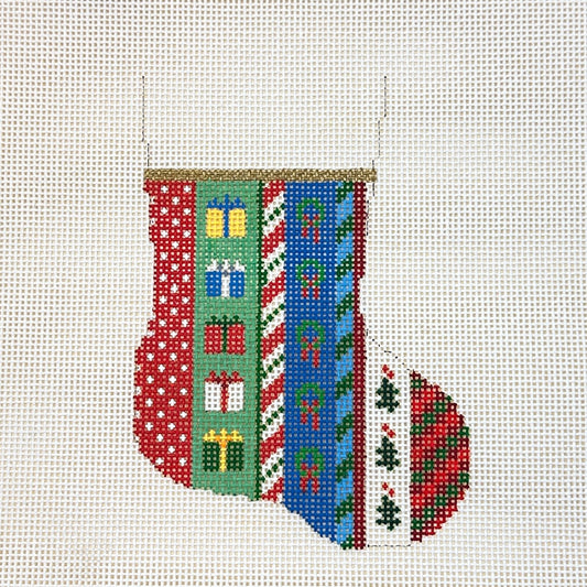 Susan Roberts Needlepoint Vertical Stripe Presents Mini Stocking Needlepoint Canvas