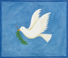 Kate Dickerson Needlepoint Collections Tallis Bag White Dove with Olive Branch on Medium Blue Needlepoint Canvas
