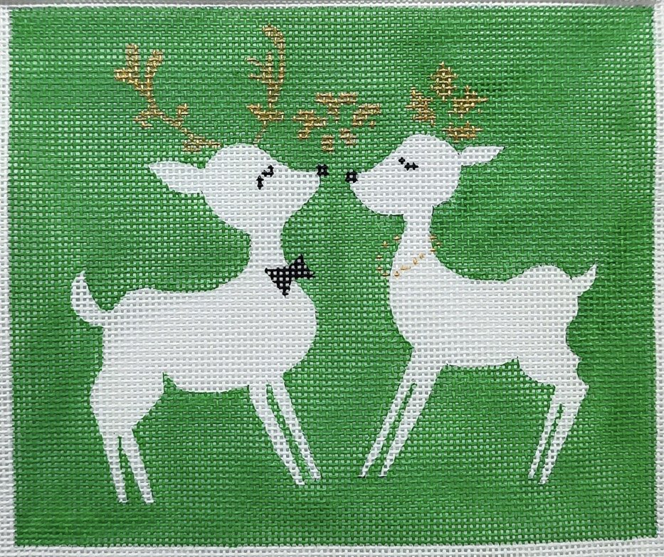 Curious Cowgirl Kissing Reindeer Needlepoint Canvas - Green