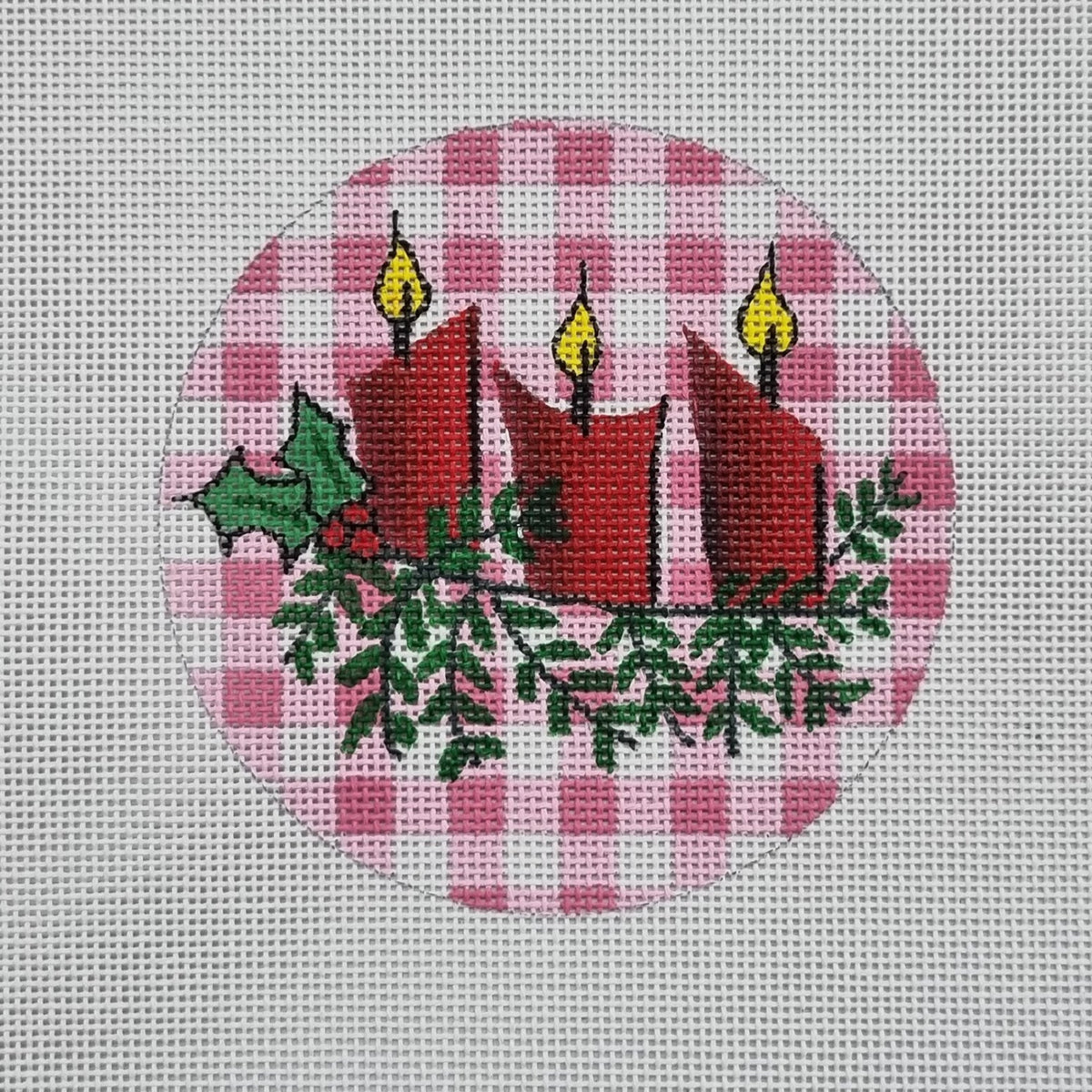 Curious Cowgirl Pink Gingham Christmas Candles Needlepoint Canvas