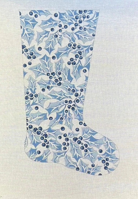 The Gingham Stitchery Blue Holly Stocking Needlepoint Canvas