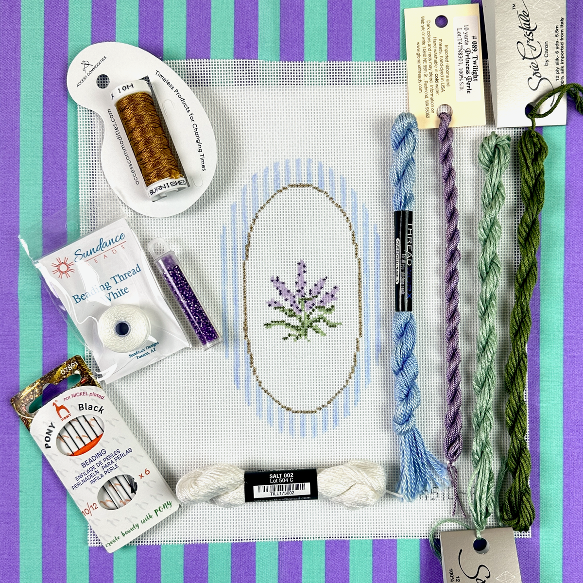 The Plum Stitchery Riley Sheehey Lavender Needlepoint Canvas with Special Thread Pull
