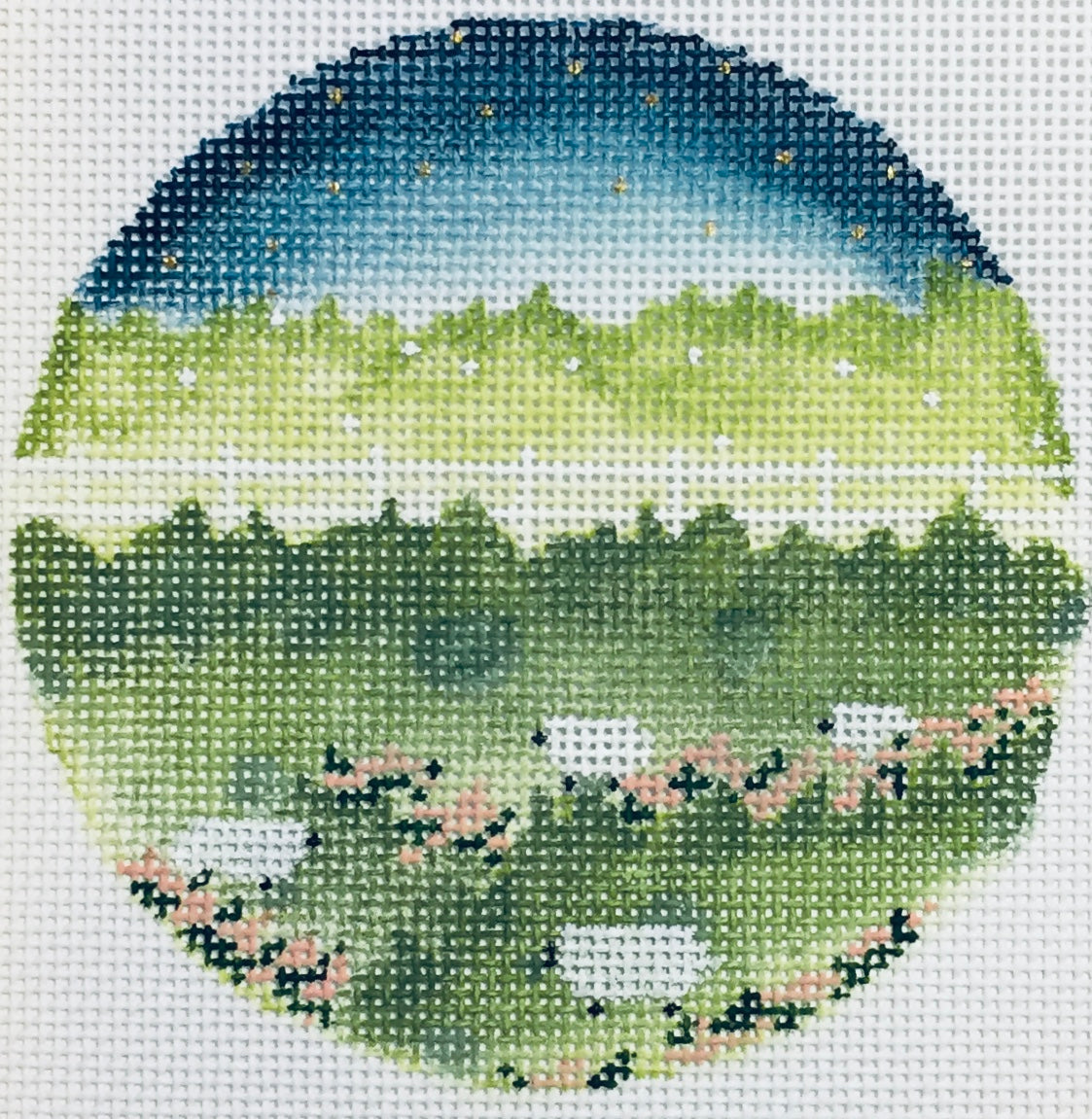 The Plum Stitchery Sheep On a Hillside Needlepoint Canvas