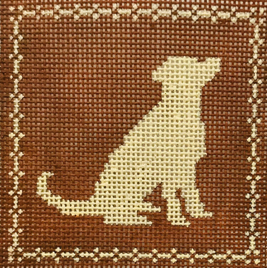 The Plum Stitchery Right Facing Sitting Lab Silhouette- Tan On Brown Needlepoint Canvas