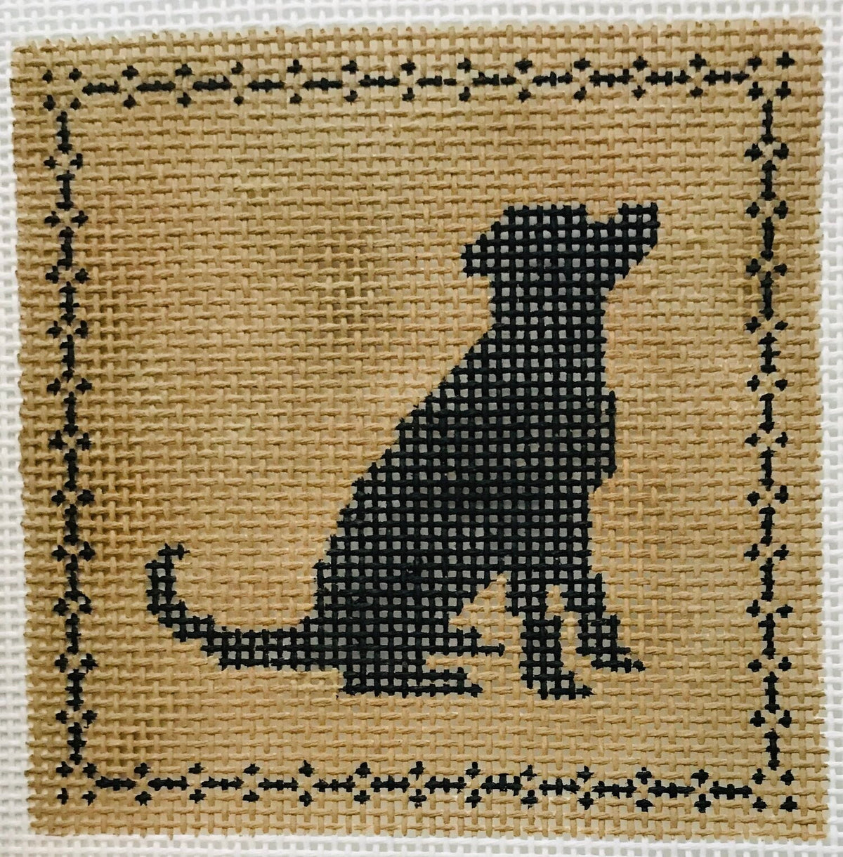 The Plum Stitchery Right Facing Sitting Lab Silhouette - Black On Tan Needlepoint Canvas