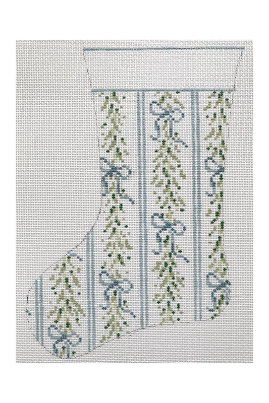 The Plum Stitchery Blue Bow & Garland Mini Stocking Needlepoint Canvas