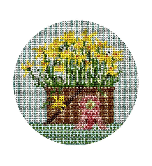 The Plum Stitchery Daffodil Basket Needlepoint Canvas