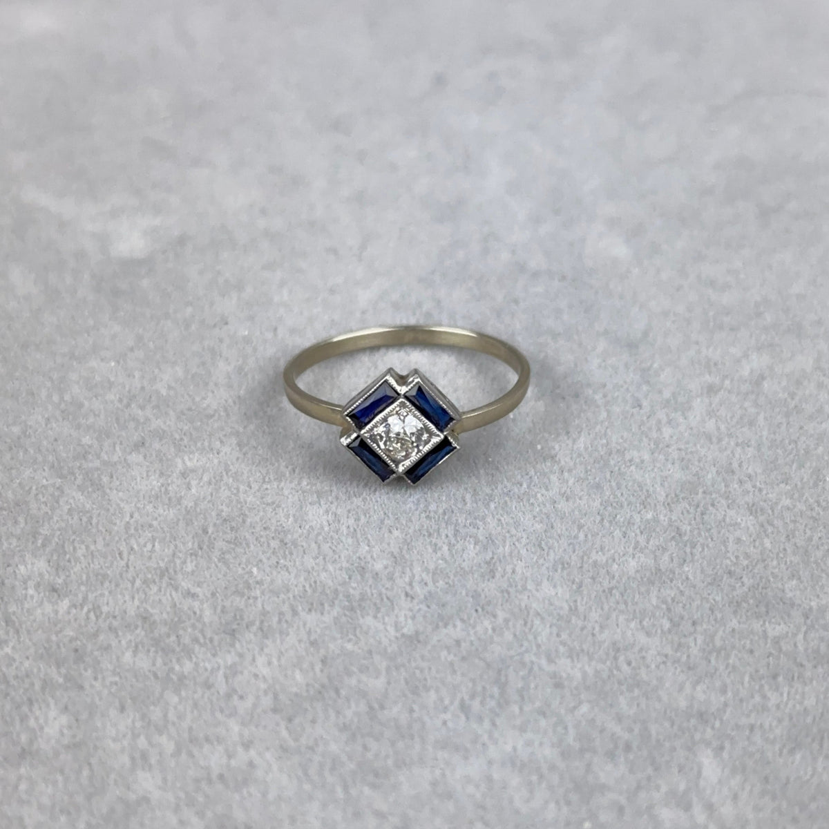 Antique Art Deco Platinum and Diamond Ring with Lab Sapphire