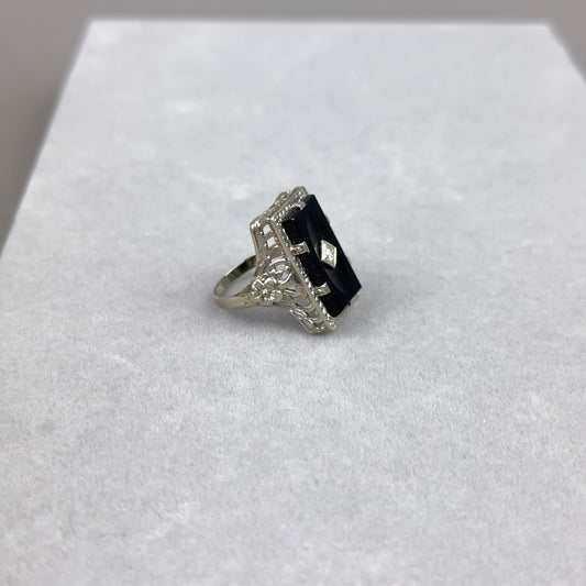 Vintage Art Deco Onyx and Diamond Ring with Floral and Filigree in 14k White Gold