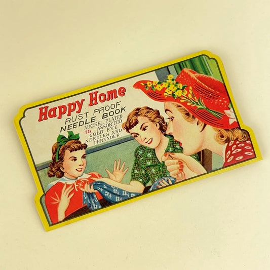 Vintage Happy Home Needle Book with 70 Assorted Gold Eye Needles and Threader