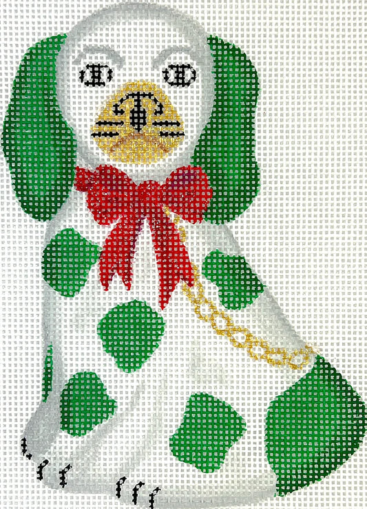 Kate Dickerson Needlepoint Collections Mini Staffordshire Dog  White & Green with Gold Chain & Sparkly Red Bow Facing Left Needlepoint Canvas