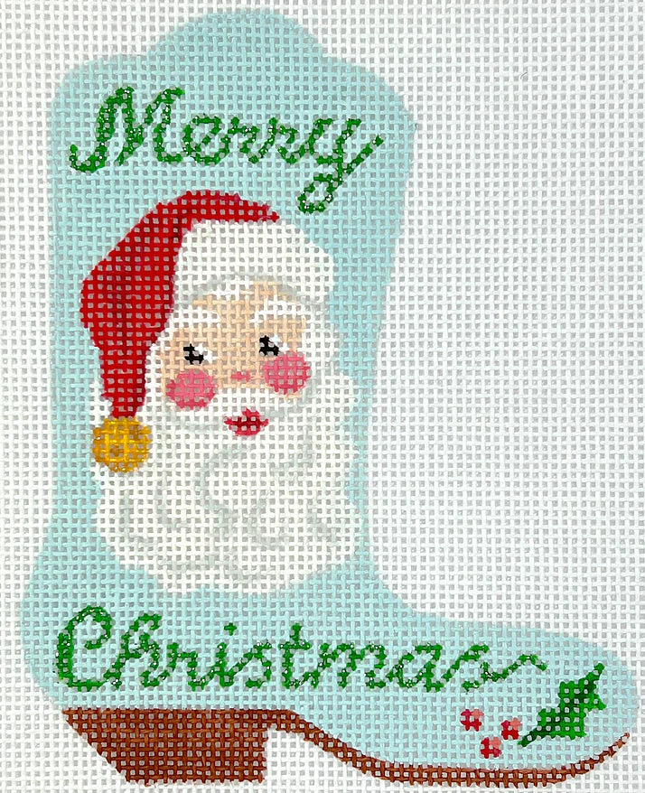 Kate Dickerson Needlepoint Collections Mini Cowgirl Boot - "Merry Christmas" Santa Needlepoint Canvas