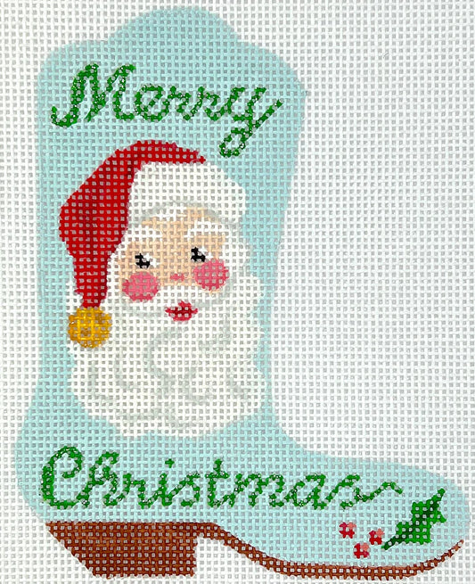 Kate Dickerson Needlepoint Collections Mini Cowgirl Boot - "Merry Christmas" Santa Needlepoint Canvas