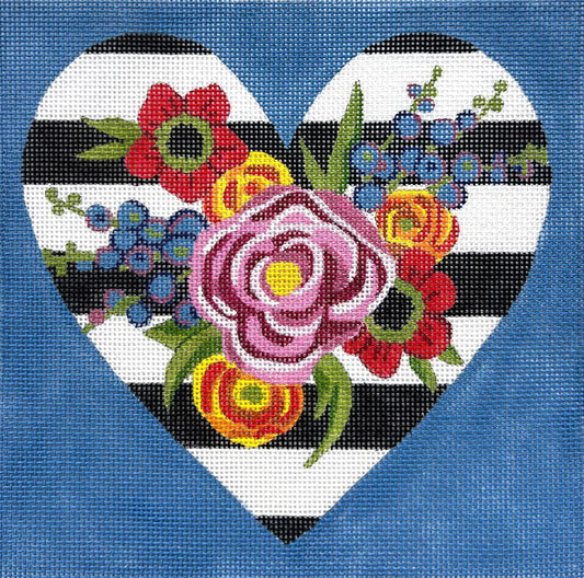 Alice Peterson Co. Black White Stripe Floral Heart Needlepoint Canvas