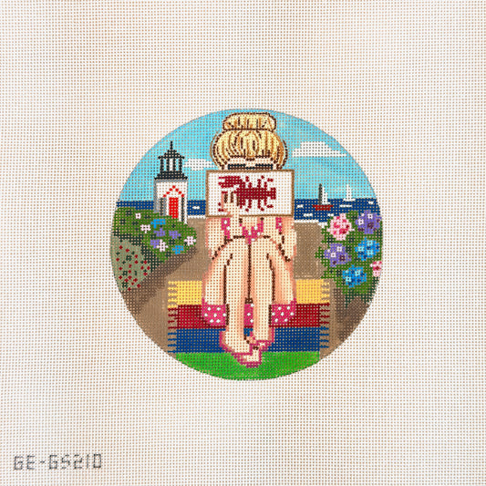 Alice Peterson Co. Gayla Elliott Stitching Girl Beach Round Needlepoint Canvas