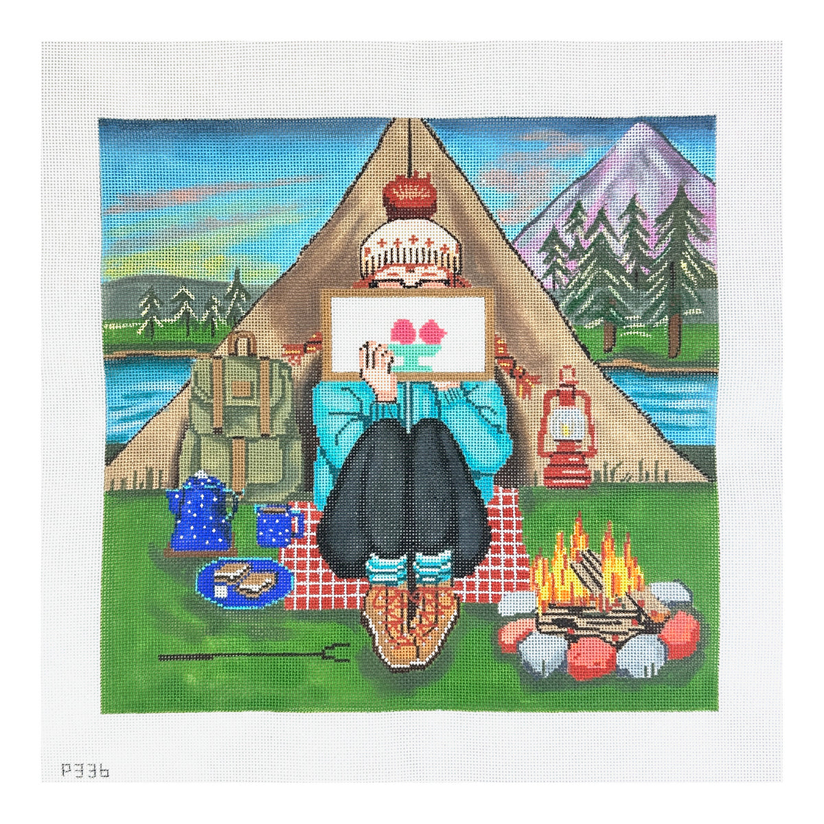 Alice Peterson Co. Gayla Elliott Stitching Girl Camping Needlepoint Canvas