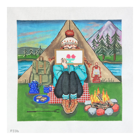 Alice Peterson Co. Gayla Elliott Stitching Girl Camping Needlepoint Canvas