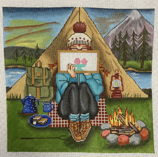 Alice Peterson Co. Gayla Elliott Stitching Girl Camping Needlepoint Canvas