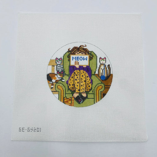 Alice Peterson Co. Gayla Elliott Stitching Girl Cat Lover Round Needlepoint Canvas