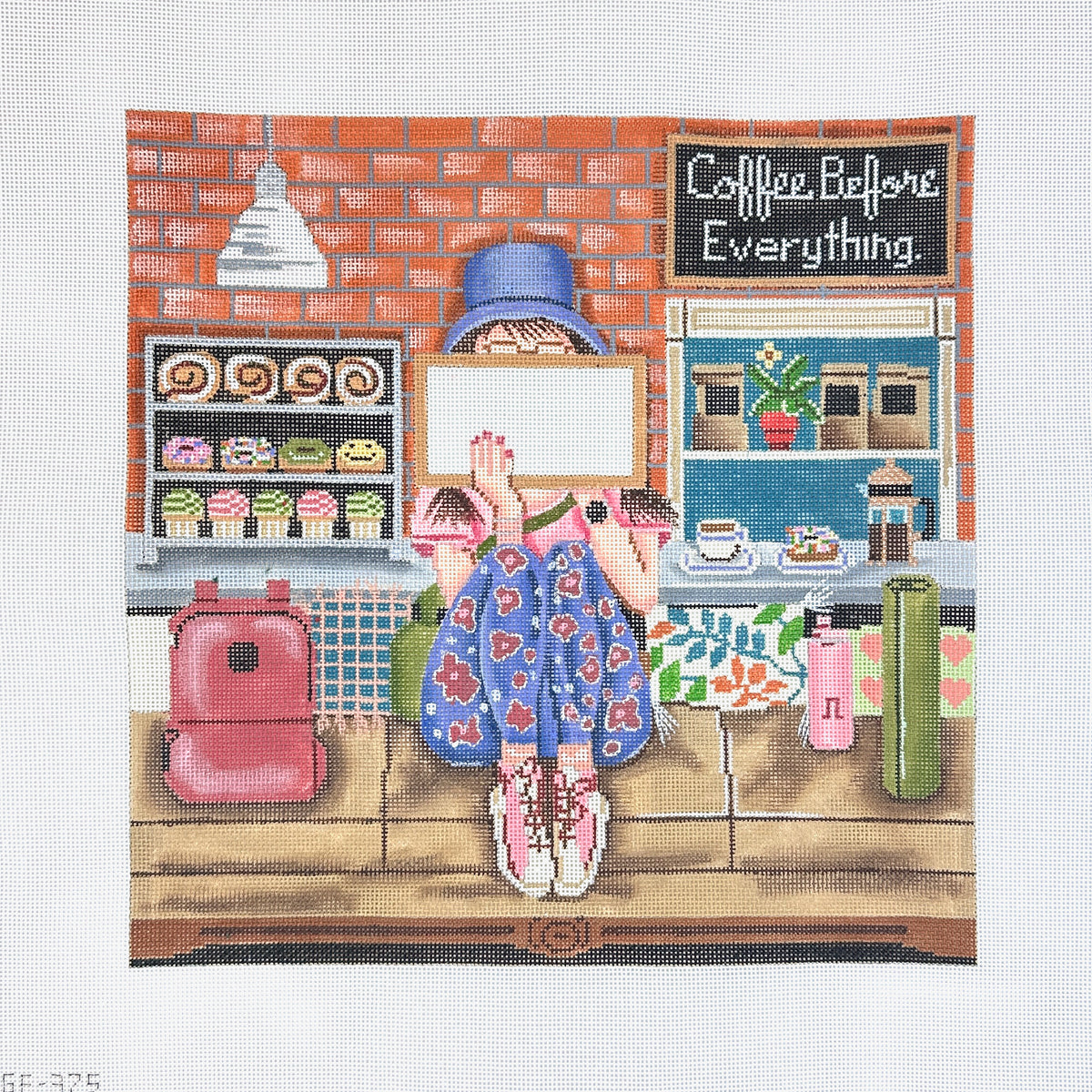 Alice Peterson Co. Gayla Elliott Stitching Girl Coffee Shop Needlepoint Canvas