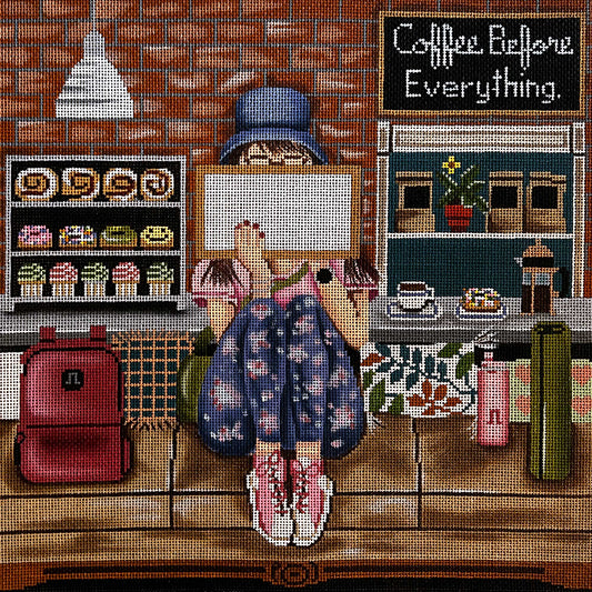 Alice Peterson Co. Gayla Elliott Stitching Girl Coffee Shop Needlepoint Canvas