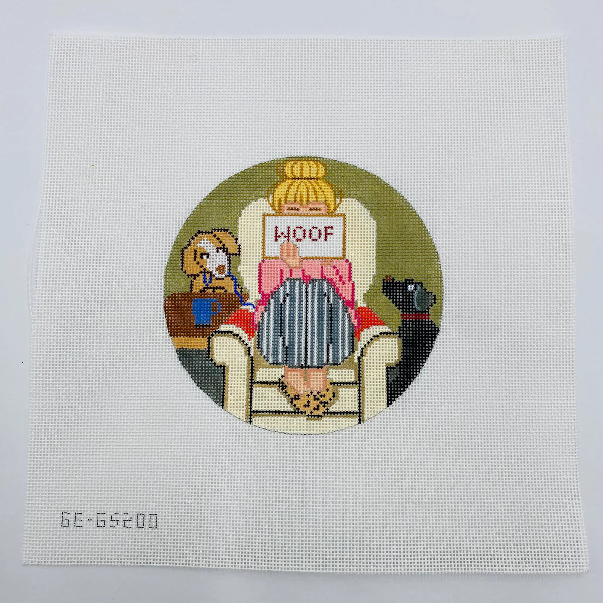 Alice Peterson Co. Gayla Elliott Stitching Girl Dog Lover Round Needlepoint Canvas
