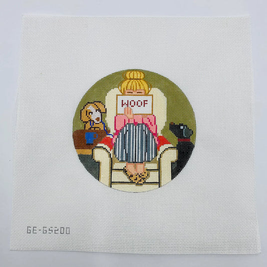 Alice Peterson Co. Gayla Elliott Stitching Girl Dog Lover Round Needlepoint Canvas