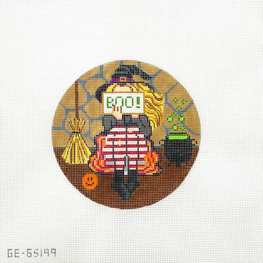 Alice Peterson Co. Gayla Elliott Stitching Girl Halloween Round Needlepoint Canvas