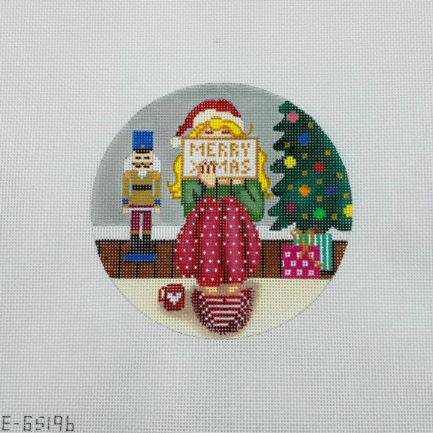 Alice Peterson Co. Gayla Elliott Stitching Girl Merry Christmas Round Needlepoint Canvas