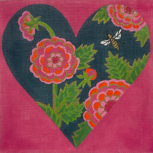 Alice Peterson Co. Navy Floral Heart With Bee Needlepoint Canvas