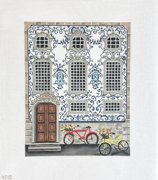 Alice Peterson Co. Portuguese Facade with Bikes Needlepoint Canvas