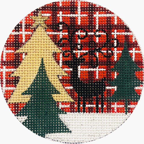 Alice Peterson Co. Reindeer And Trees On Plaid Needlepoint Canvas
